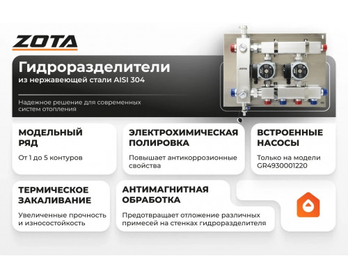 Гидроразделитель из нержавеющей стали с коллектором ZOTA горизонтальный двухсторонний 3 контура GR4930001223